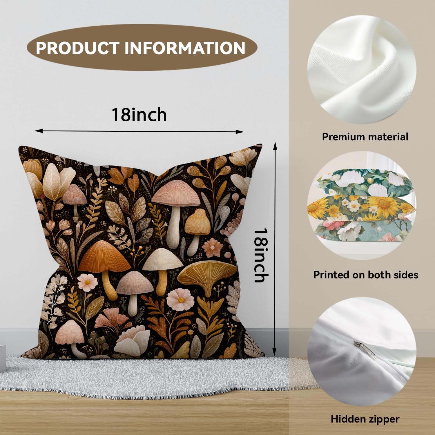 Mushroom Throw Pillow Cover 18x18 - Mushroom Botanical Farmhouse Decor | Indoor Outdoor Cushion Case for Sofa Couch Bed Living Room Bedroom Home (Brown-Mushroom) image 3