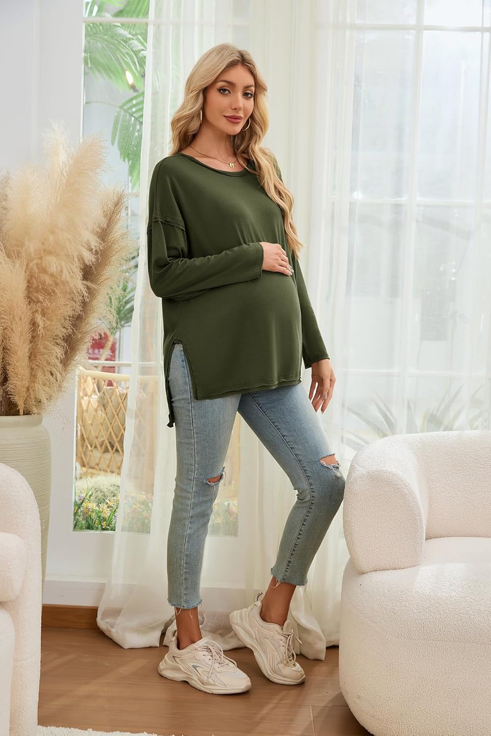 Smallshow Women's Long Sleeve Maternity Shirts Loose Tunic Pregnancy Tops - Image 4