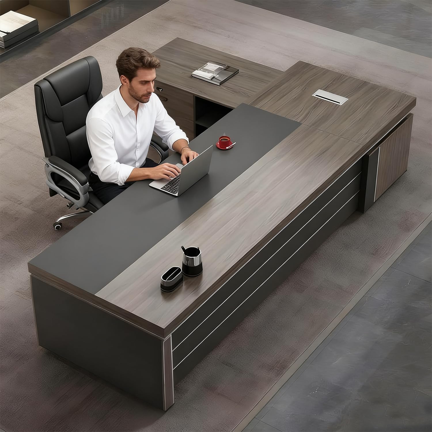 RATRUP L-Shape Modern Executive Desk, L-Shape Office Executive Desk Without Chair, Manufactured Wood Computer with Drawers and Storage, Management