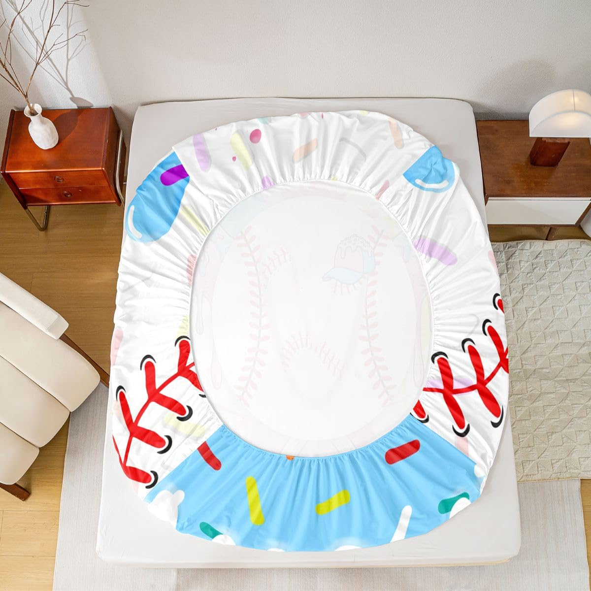 Homewish Zestaw prześcieradeł baseballowych podwójne urocze estetyczne lody kapanie prześcieradła turkusowy niebieski graffiti sport kij baseballowy pościel - Gelato chłopiec litera V inicjał monogram