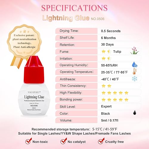 Miniatura 3 de NAGARAKU Pegamento de extensión de pestañas Lightning 0.5s de secado rápido, retención de 30 días, 0.17 onzas líquidas, aroma a tulipán,