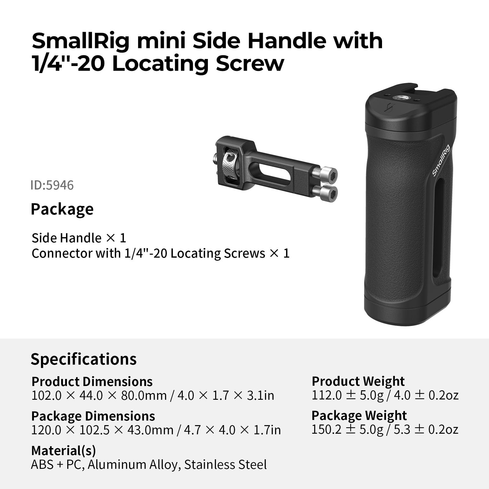 SMALLRIG Mini Poignée Latérale avec vis de Fixation 1/4"-20, Poignée Latérale pour Cage de Caméra Ambidextre, Réglable en Hauteur, avec Griffe Porte-Accessoires Intégrée, Charge Max 10 kg - 5946