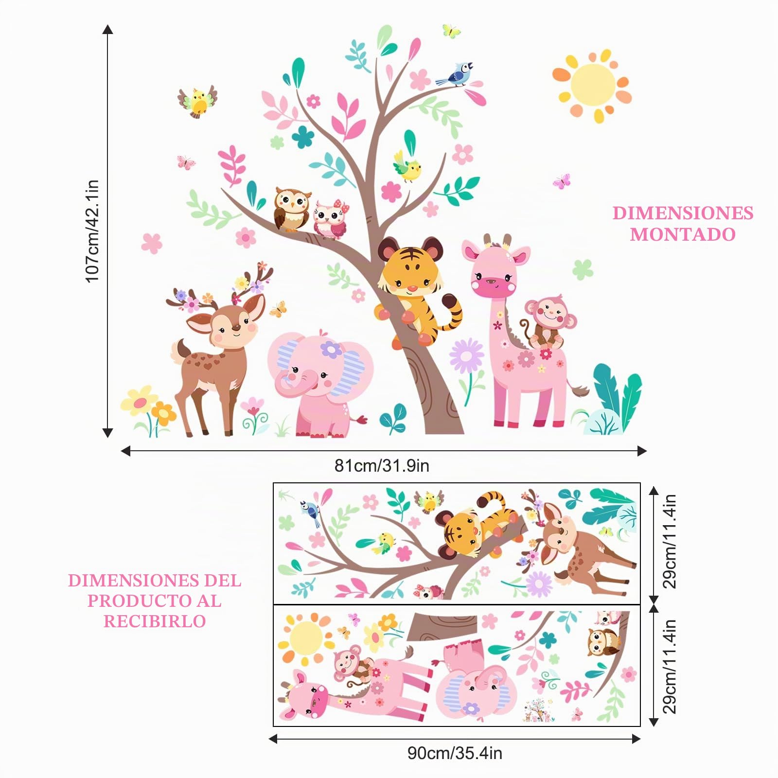 Supzone Pegatinas de Pared Animales de la Jungla Decorativos Elefante Tigre Jirafa Vinilo Adhesivo pared Infantil Bebé Guardería Niños Habitacion (Rosa)
