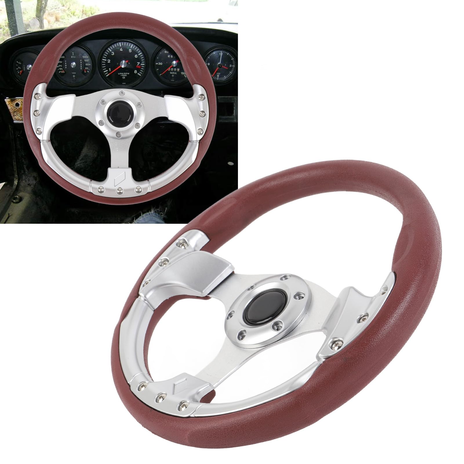 Volante 13 Pollici, Volante Stile in Pelle PU con Raggi in Alluminio, Volante Sportivo Universale per Auto a 6 Bulloni (SILVER)