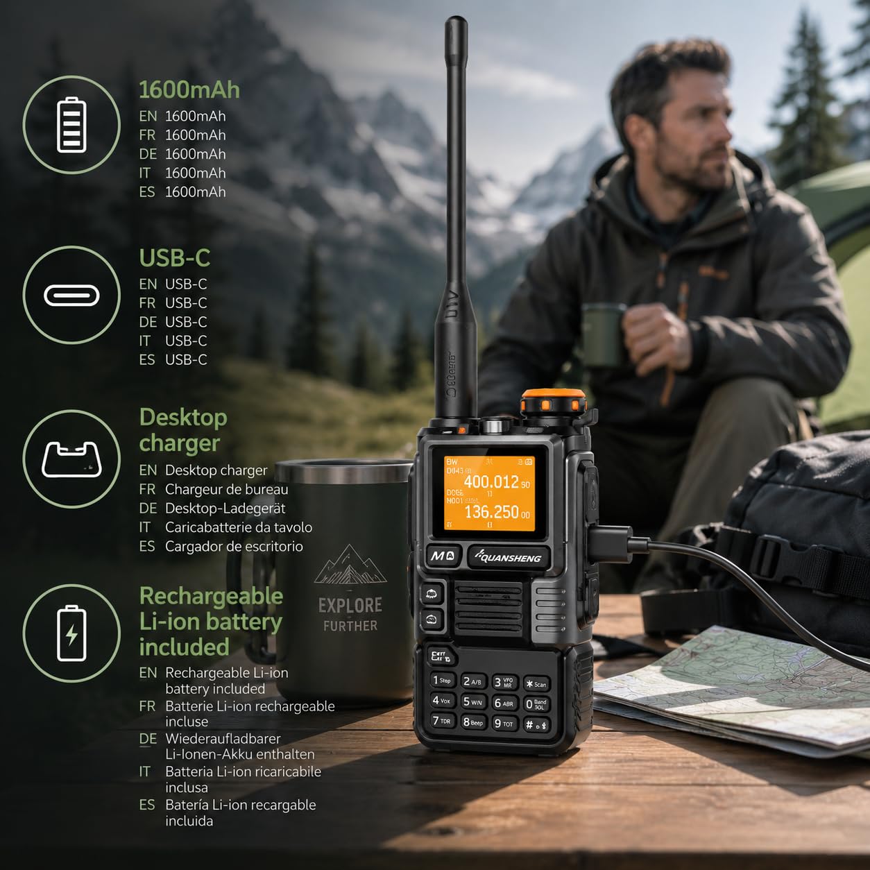 Quansheng UVK5(99) Talkie-Walkie AM/FM/DTMF 200CH 20-1000MHz NOAA Prévisions Météo avec Copie Flash Fréquence Type-C Écran LCD pour Randonnée Camping Voyage Radio Bidirectionnelle (Grey)
