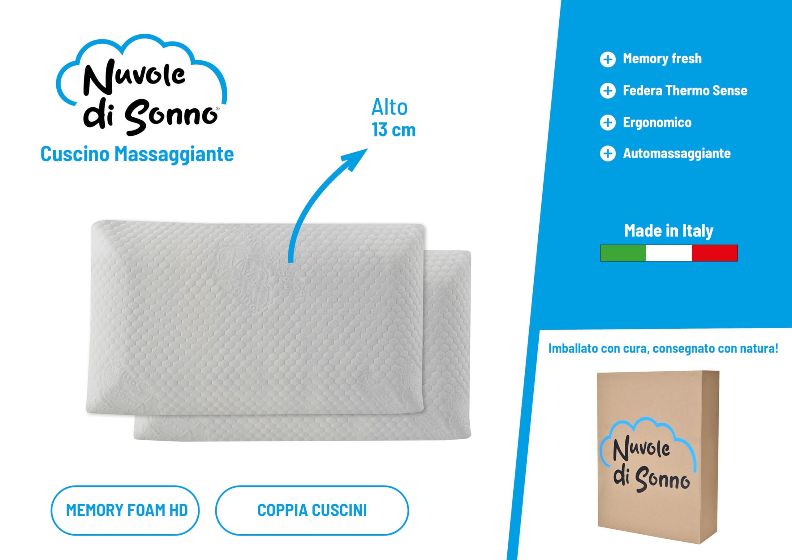 Kaysa Coppia Cuscini Massaggiante Memory Foam HD Ortopedico Alti 13cm | Guanciali da Letto, Rivestimento Lavabile, Ergonomico, Correttore per Collo, Made in Italy