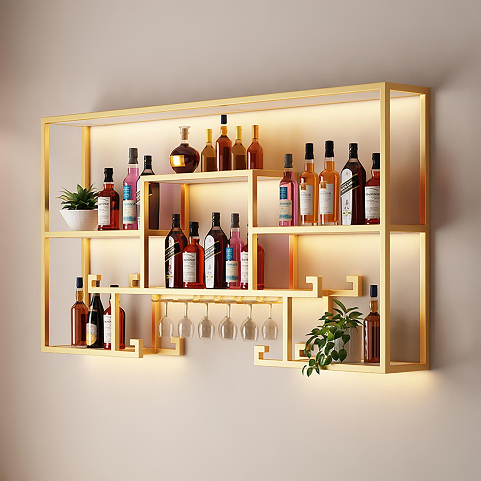 Casier à vin mural doré à 3 niveaux pour ranger vos bouteilles et verres à pied
