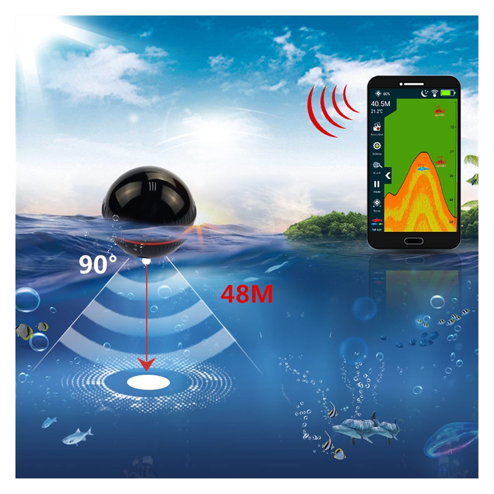 Fischfinder, Wireless-Sounder Fischfinder Tragbare Sonar Echo-Tiefe 48m / 160ft Fischmelder