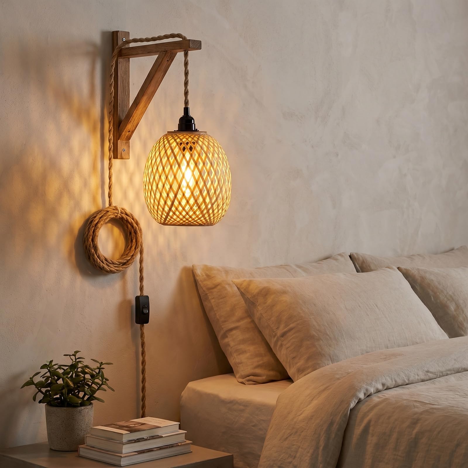 Colexy Lampadario a Sospensione in Bambù e Rattan con Cavo 4,5m e Spina, E27 Lampada Vimini Intrecciato a Mano, Luce Vintage Naturale per Camera da Letto, Cucina, Soggiorno (Senza Lampadina)