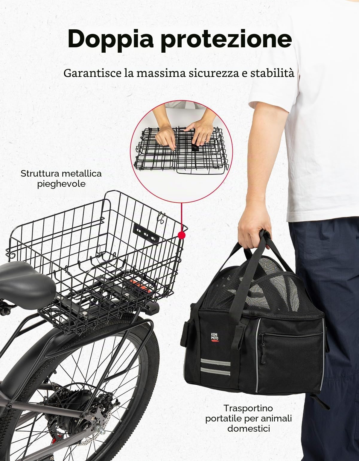 KEMIMOTO Cestino Posteriore per Bici per Cani e Gatti, Trasportino Pieghevole per Animali Fino a 9KG con Telaio in Metallo, Cestino Bicicletta per Animali Domestici con Strisce Riflettenti, Cuscino
