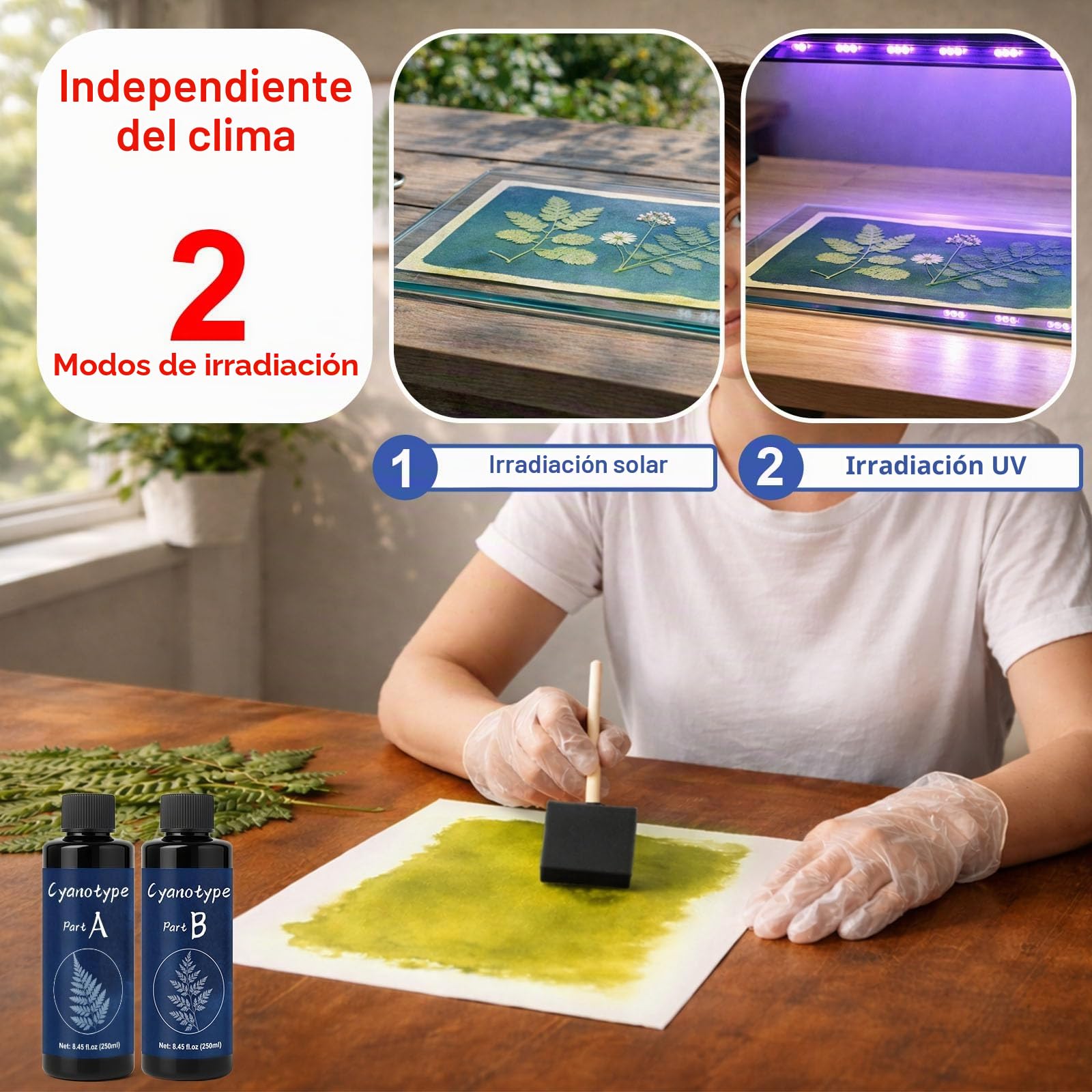 EIGTWEN Kit de cianotipo de 250 ml, incluye 2 componentes de sensibilizador de solución de cianotipo para planos fotográficos en papel y tela, kit de impresión solar para manualidades, proyectos de