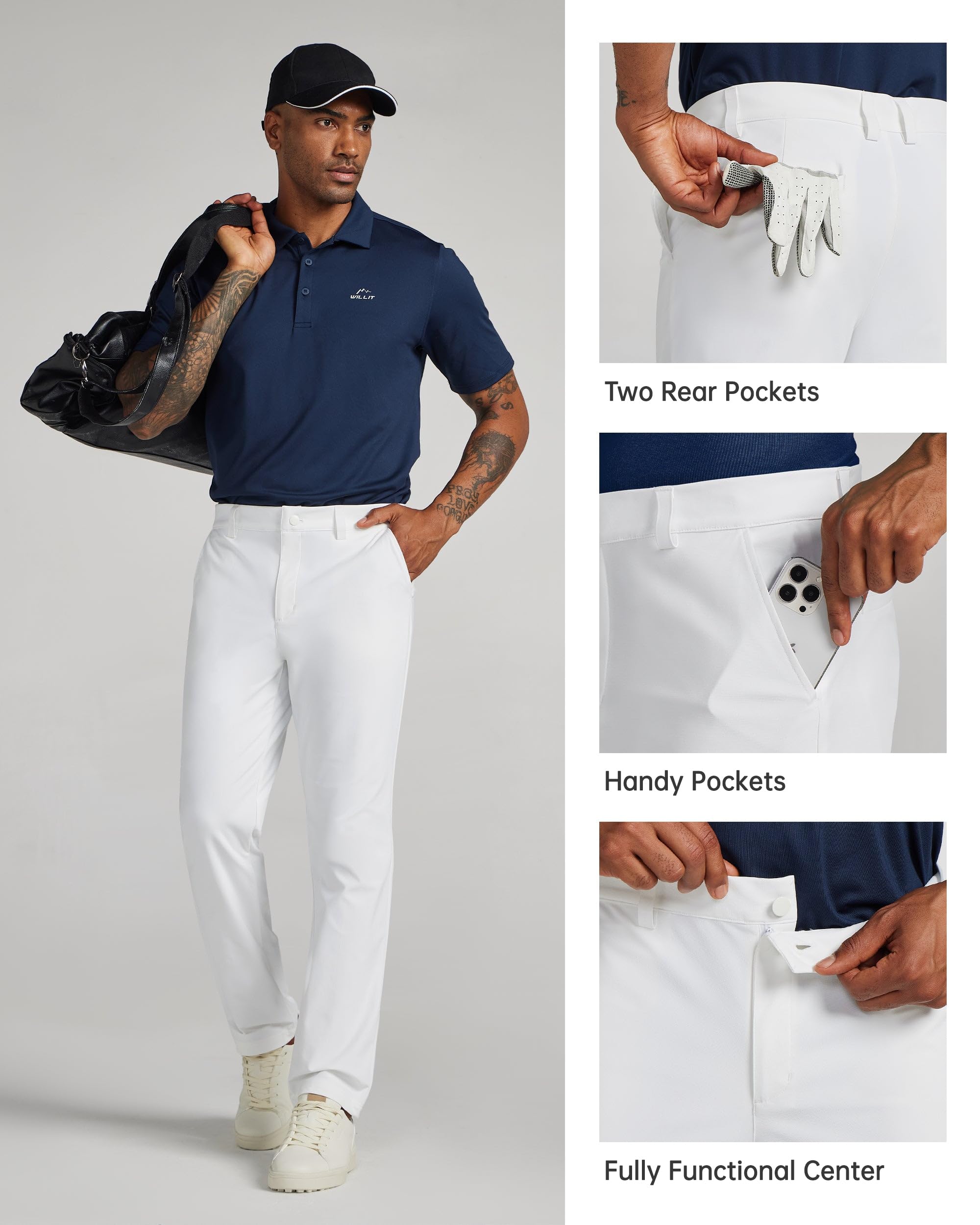WILLIT Pantalon de golf stretch pour homme - Séchage rapide - Pantalon de bureau - Pantalon décontracté avec 4 poches - 86 cm - 81 cm