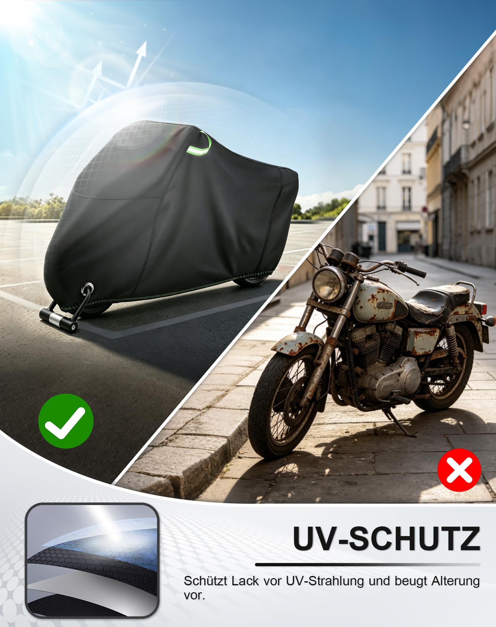 Homoto Premium Motorrad Abdeckplane 420D Oxford - Wasserdicht, Extrem Reißfest & UV-Beständig, Outdoor & Indoor Allwetterschutz für Alle Gängigen Motorräder (245)