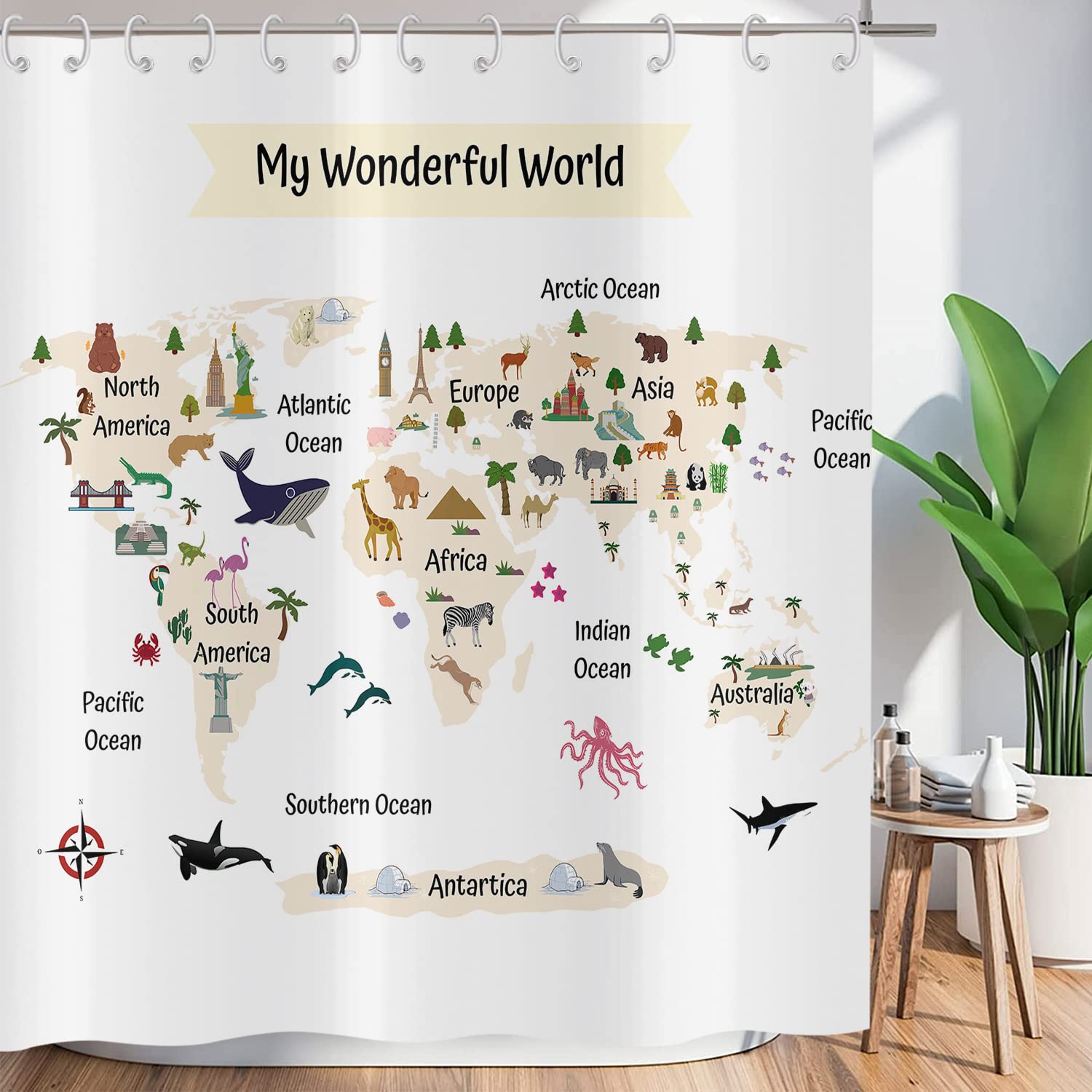 ASDCXZ Shower Curtain Funny 150x180 cm, World Map Cute Animals Funny White Washable Textile Bathroom Curtains Polyester Fabric Waterproof Shower Curtains for Bathtub with 12 Shower Curtain Hooks โ image 1