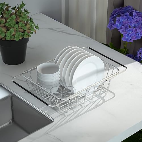 Miniatura 2 de Escurridor de platos de acero inoxidable, ampliable, profundo y grande, sobre el fregadero, en el fregadero o en el escurridor de platos, a prueba
