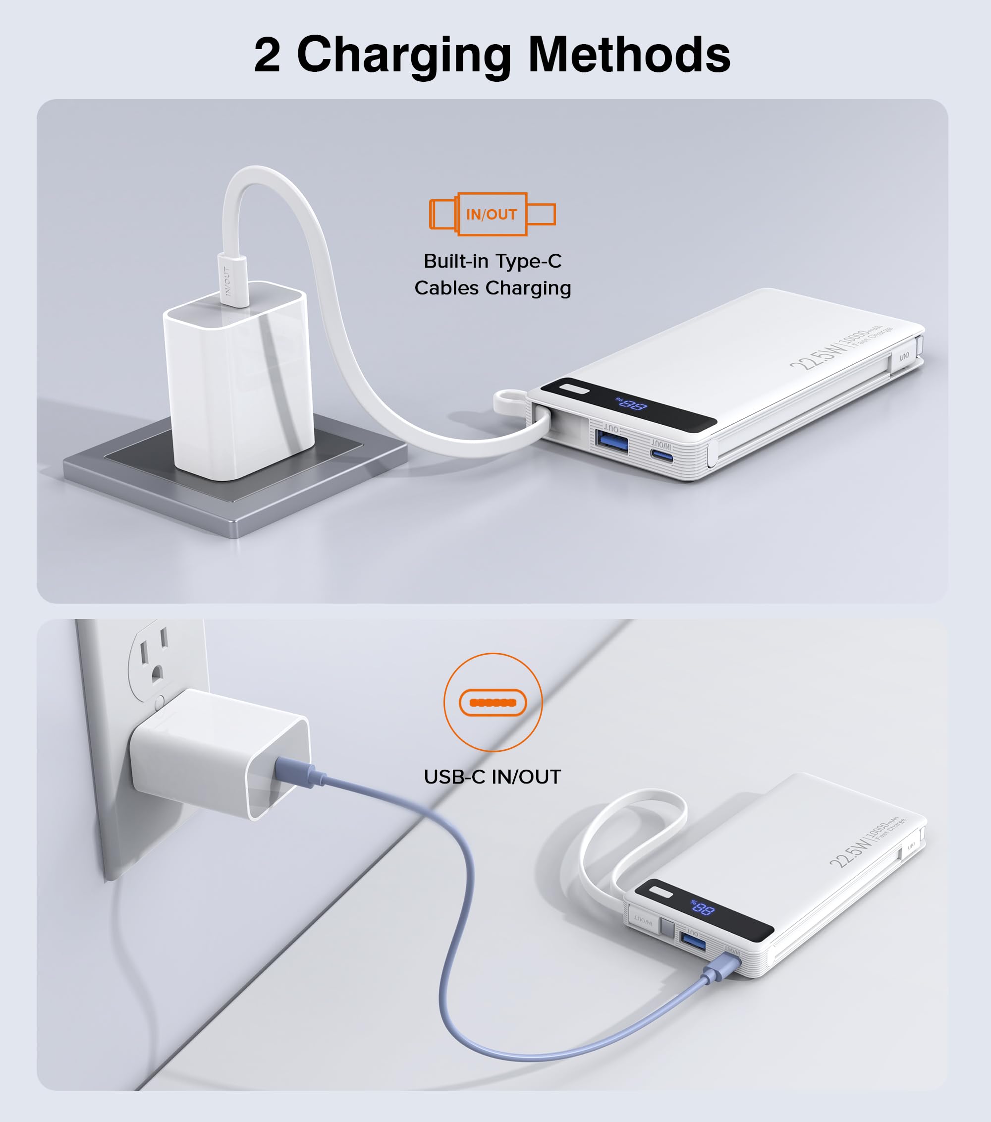 Power Bank con doppi cavi integrati, ricarica rapida da 10000 mAh, caricabatterie portatile PD da 22,5 W con display del livello della batteria e 4 porte, compatibile con iPhone 17/16/15/14