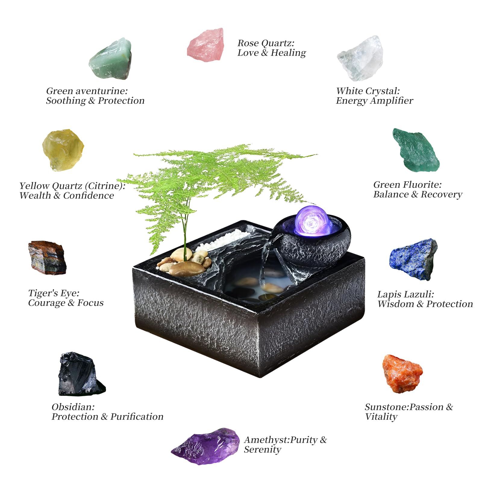 7.87 Inch-Desktop Fountain & Flowing Water Fortune Ornament Ball Recirculating Water-Applicable to Indoor Decoration & Sleeping Aid+Free 10PCS Natural Crystals
