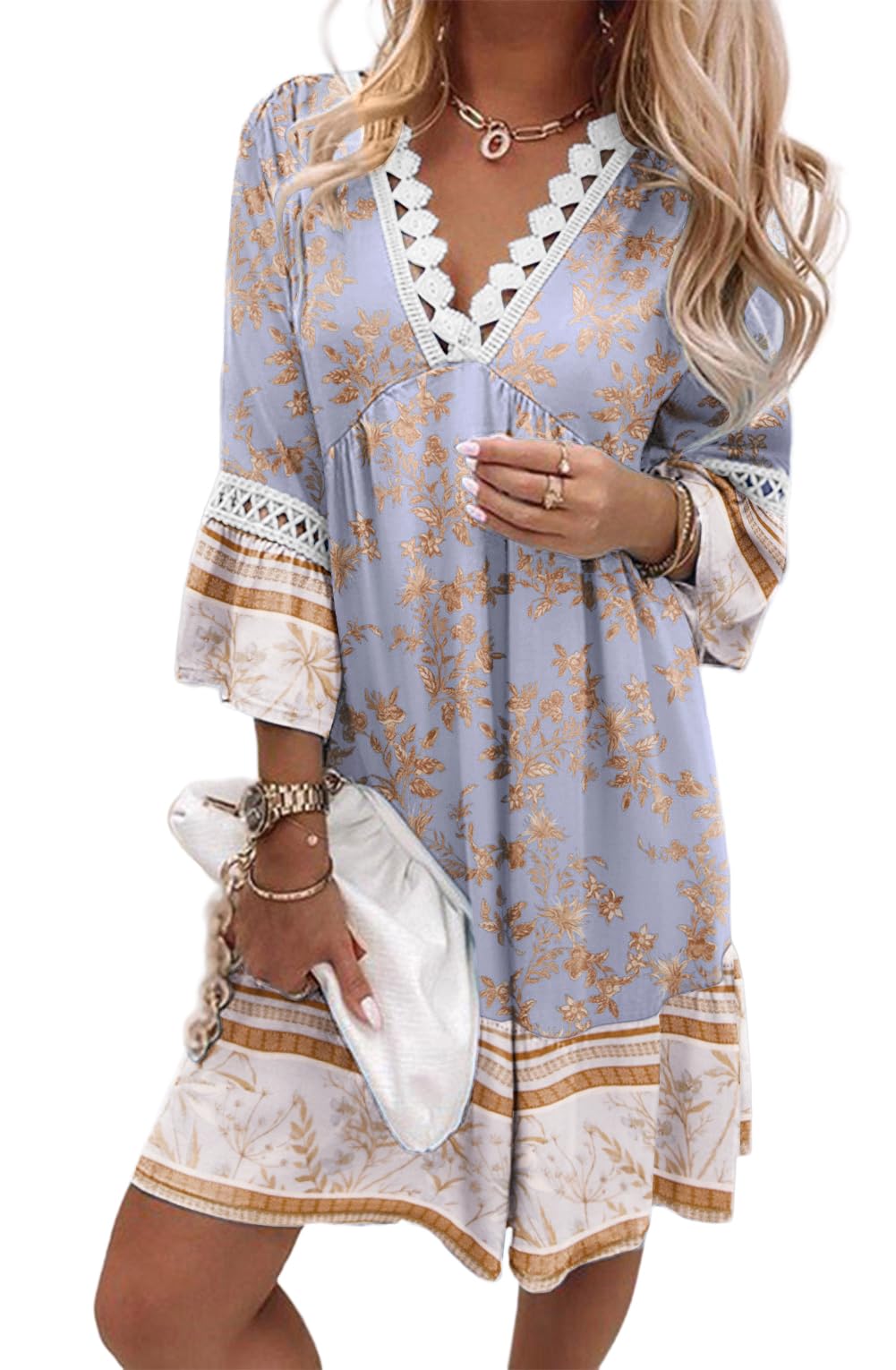 YUTILA Damen Bohemian Strandkleid V-Ausschnitt 3/4 Arm Blumenmuster Mini Tunika Kleid Vintage Ethnostil Sommerkleider 100% Viscose
