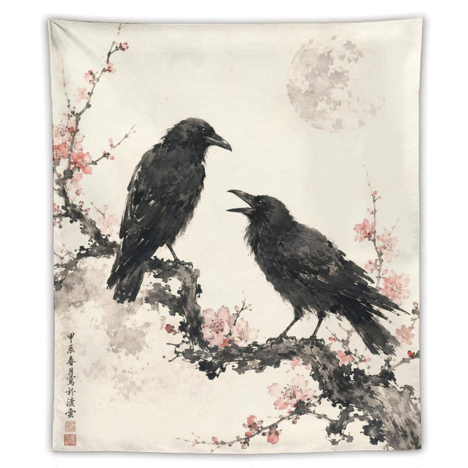 W7C8U2X3 Raven Pair with Moon Wall Tapestry, Ukiyo-e Style, College Dorm