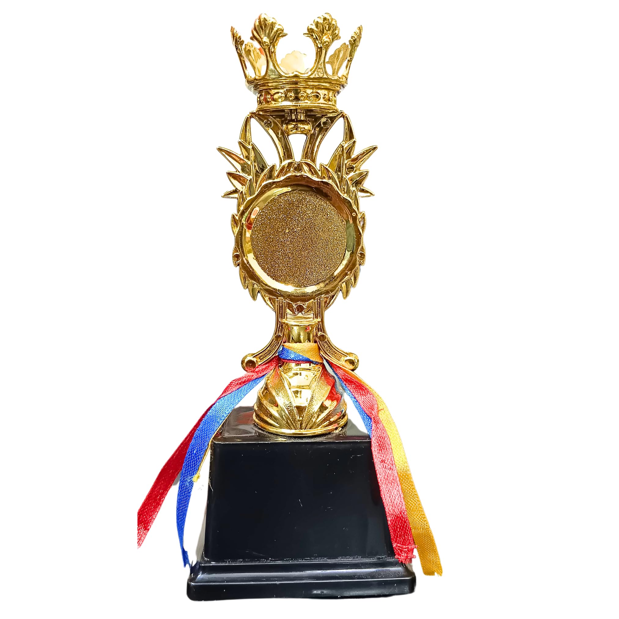 Decorative Crown Trophy with Tricolor Ribbons, Gold-Tone Finish, Black Base (Set of 1, 7.5 inches)
