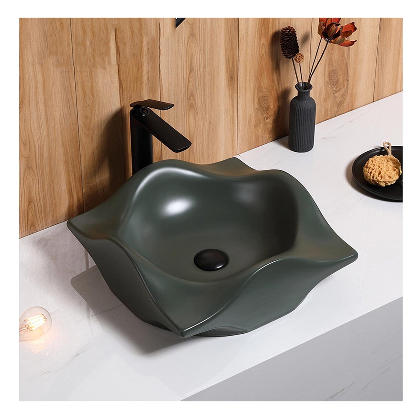 CWCQGH Bathroom Vessel Sink Above Counter Bathroom Sink - Fashion Art Countertop Vessel Sink Dark Green Porcelain Ceramic Lavatory Vanity Sink Basin 16.5" x 16.1"x5.7" Vessel Sink (A)