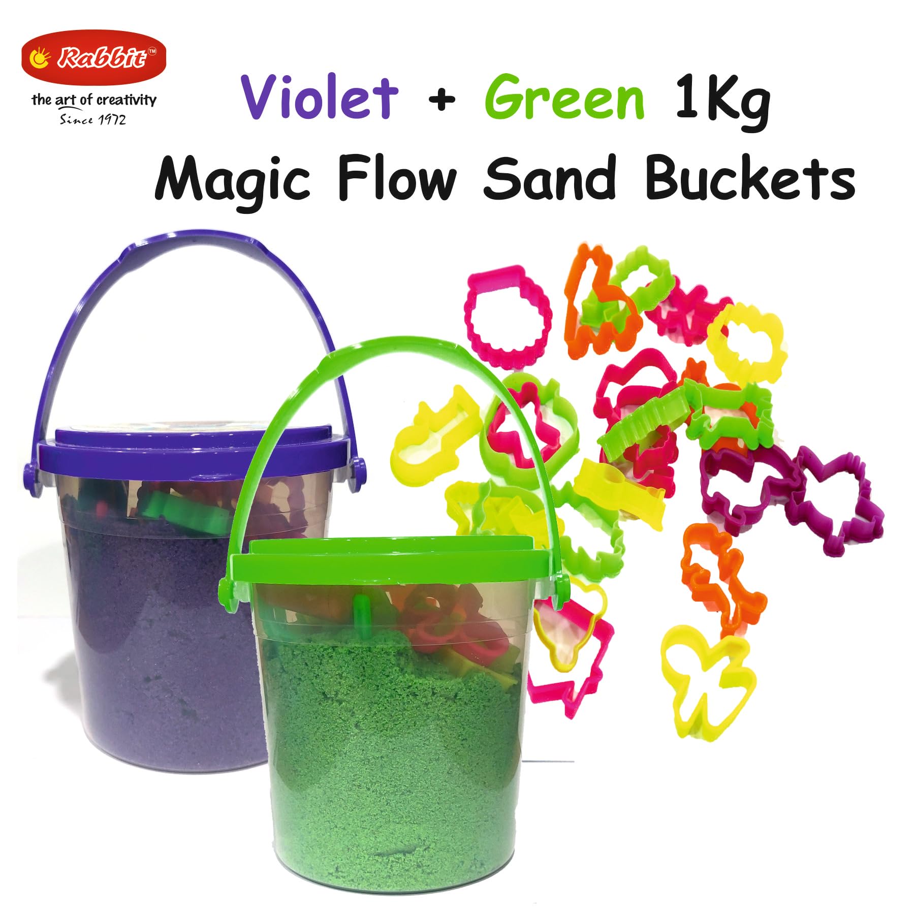 Rabbit Magic Flow 1KG Play Sand Bucket for Kids – Includes 20 Fun Moulds, Roller & Cutter | Soft, Mess-Free Sand for Creative Play & Sensory Fun | Age 5+ (Green-Purple) - Image 2 thumbnail