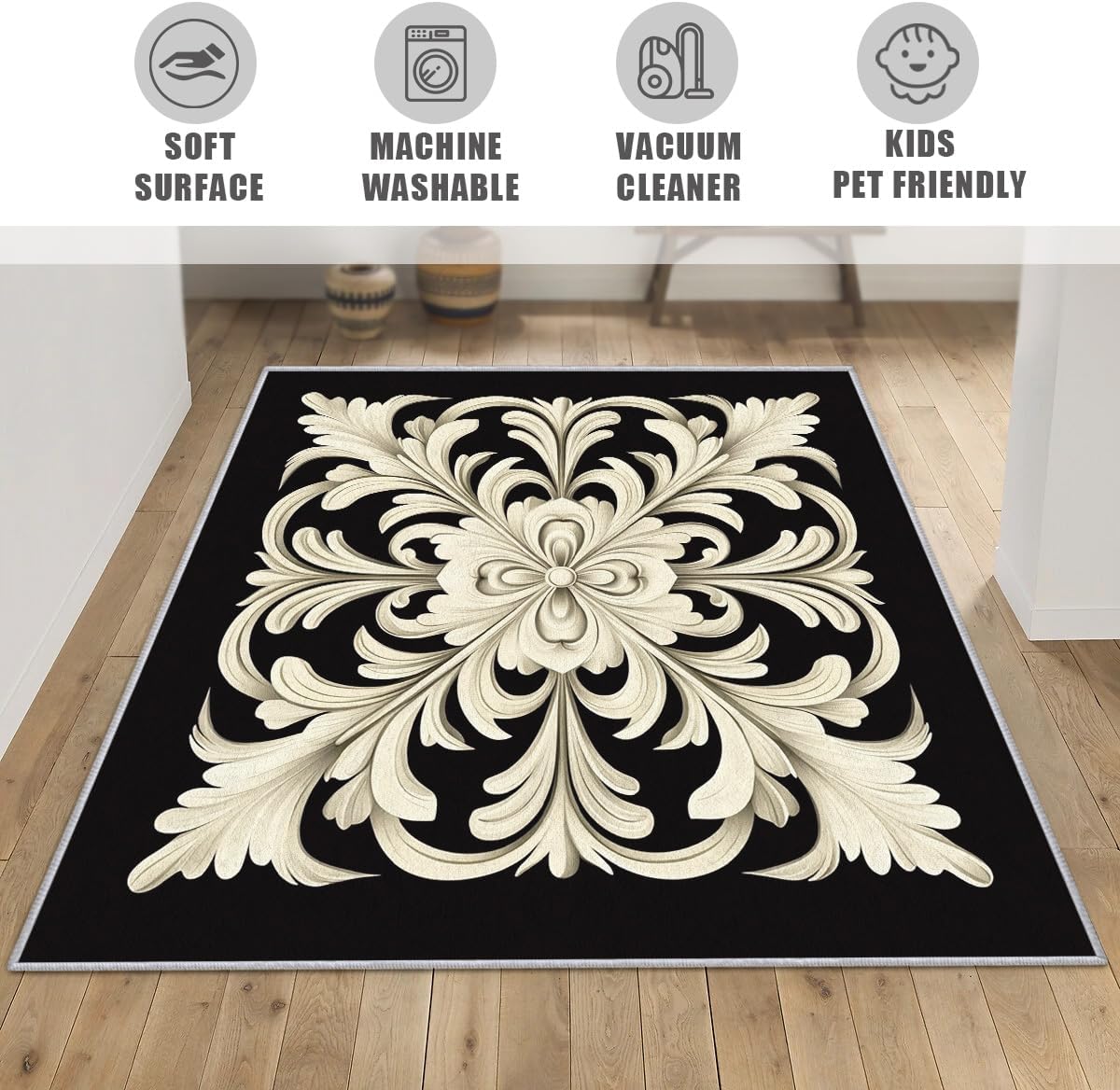 Elegant Floral Throw Rug, Washable Baroque Damask Area Rugs 2x3 - Black Beige Vintage Small Carpet, Entryway, Bedroom, Kitchen, Home Decor, Indoor Mat, Soft, Non Slip, Non Shedding