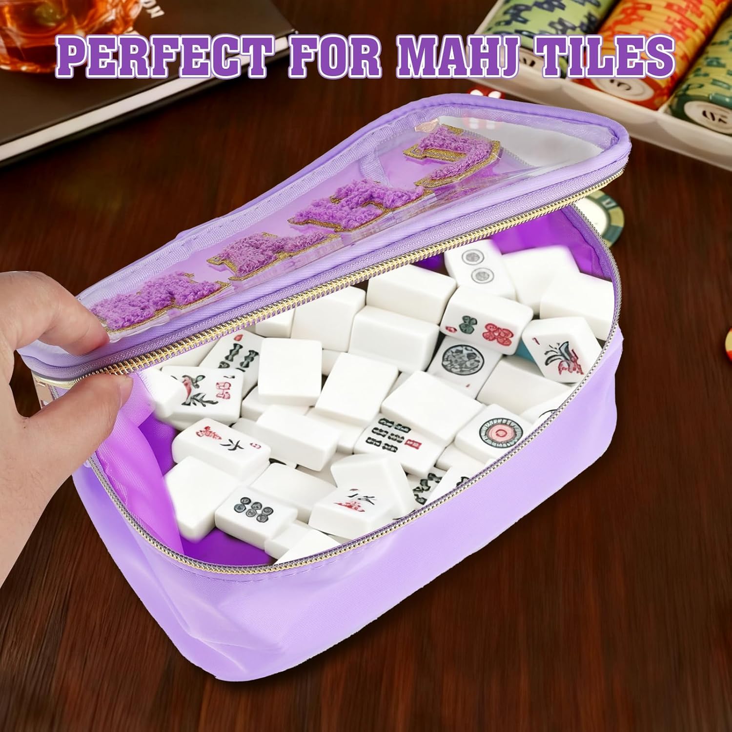Empty Mahjong Tile Bag Purple PVC Mahjong Tile Bags with Zipper Suitable for 1.2 Inch Standard Size American Mahjong Tiles Storage Tile Holder Rack Bag for Game Lover Gift Travel(Case Only)