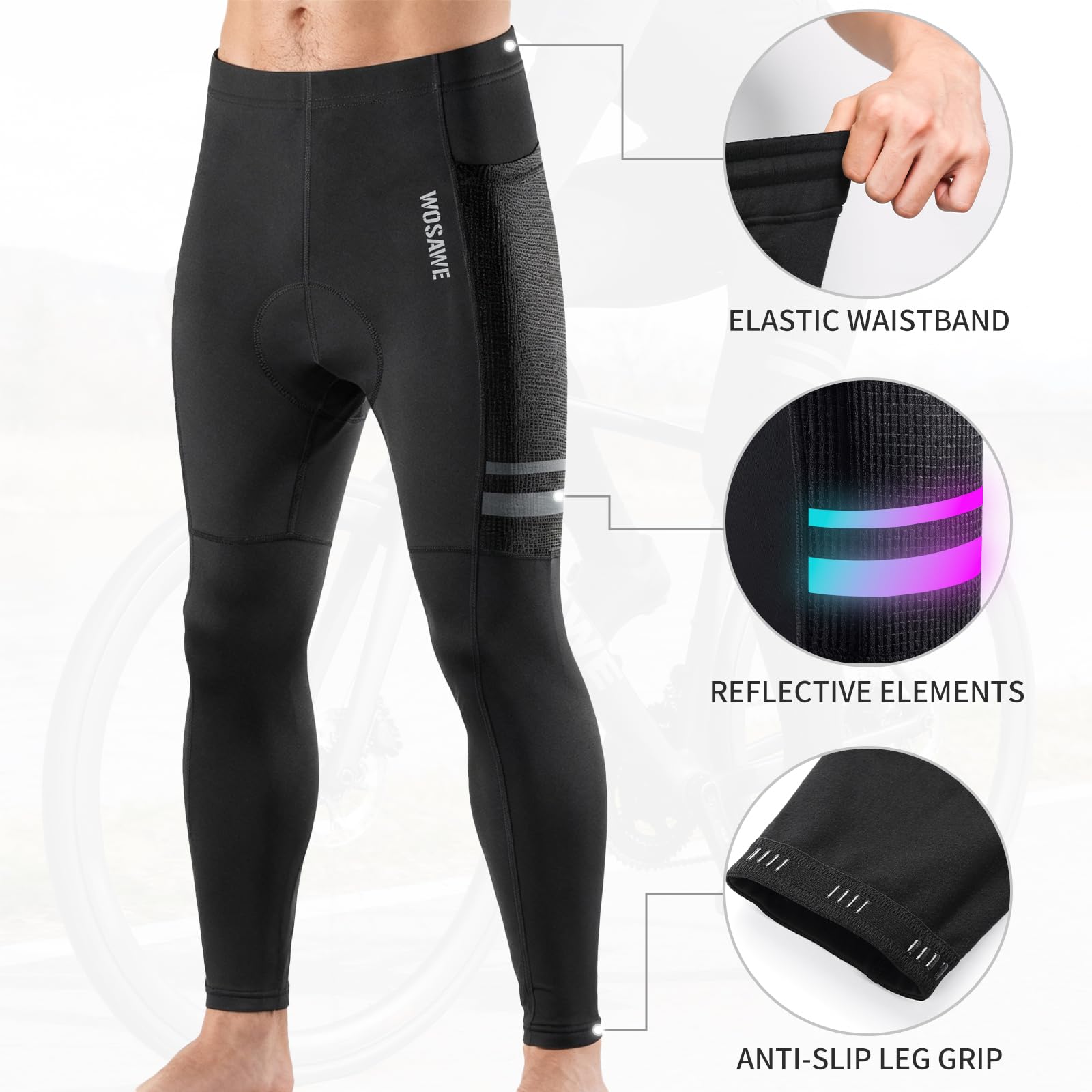 WOSAWE Pantalon de Cyclisme Homme Hiver Thermique VTT Compression Leggings Respirant 4D Rembourré Collant de Vélo