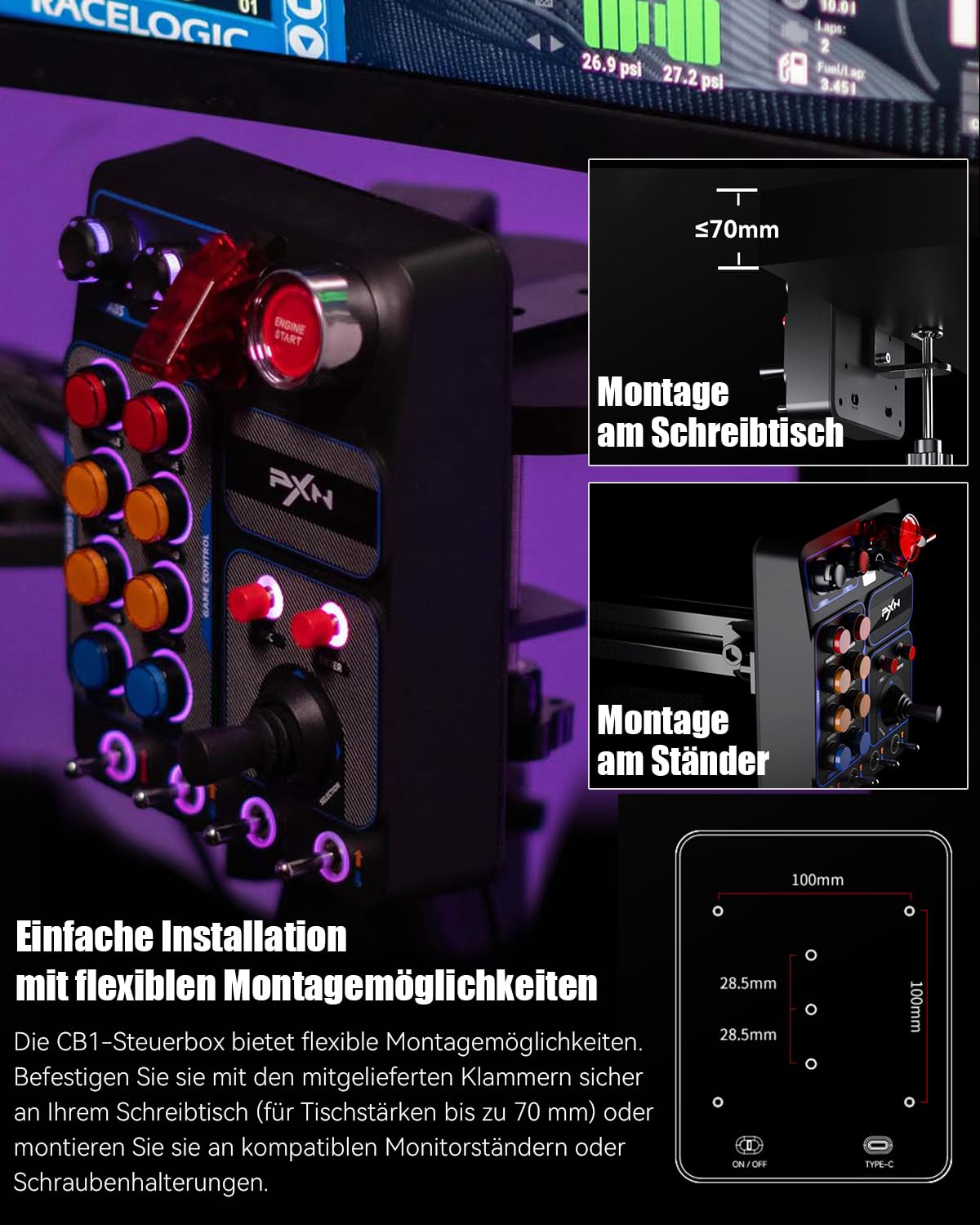 PXN CB1 Button Box – PC Seitenkonsole, 19 Tasten & Schalter, RGB-Beleuchtung, Seiten-Steuerbox für Sim-Racing-, Lkw-, LS- und Flug-Spiele, Zubehör für Lenkrad und Joystick, nur für PC | 19 Sim-Tasten & Schalter, RGB-Beleuchtung, einstellbare Klemme, für R