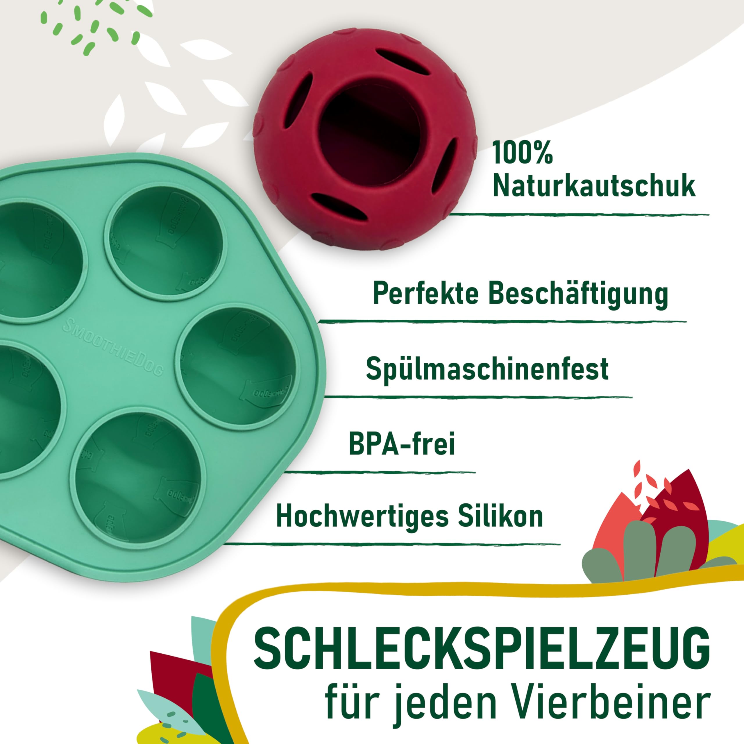 SmoothieDog Schleckball + SmoothieDog Hundesmoothie 6er Mix (250ml) - Schleckball für Hunde, Snackball, zur Beschäftigung, bpa frei, robust, befüllbar, zum einfrieren, spülmaschinenfest