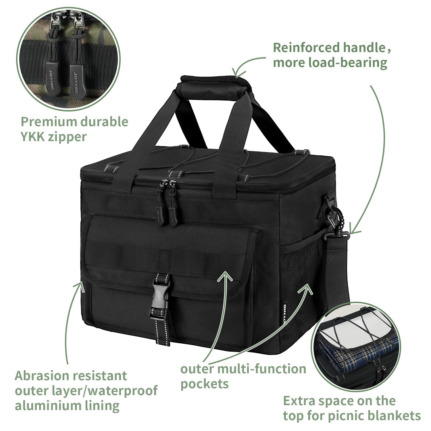 JOYHILL Lunch Box for Men, 60 Cans Large Insulated Lunch Bag, Leakproof Portable Cooler Bag with Shoulder Strap for Camping/Beach/Outdoor/Picnic/Food Delivery 30L,Black