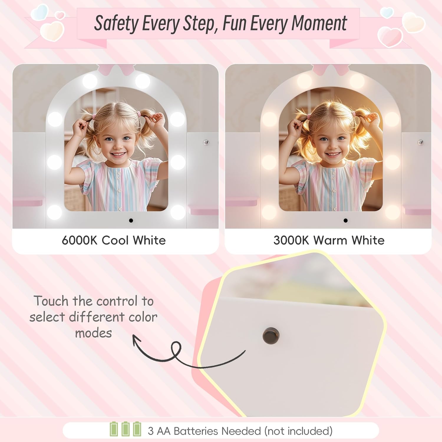 LED mirror showing cool white and warm white light settings