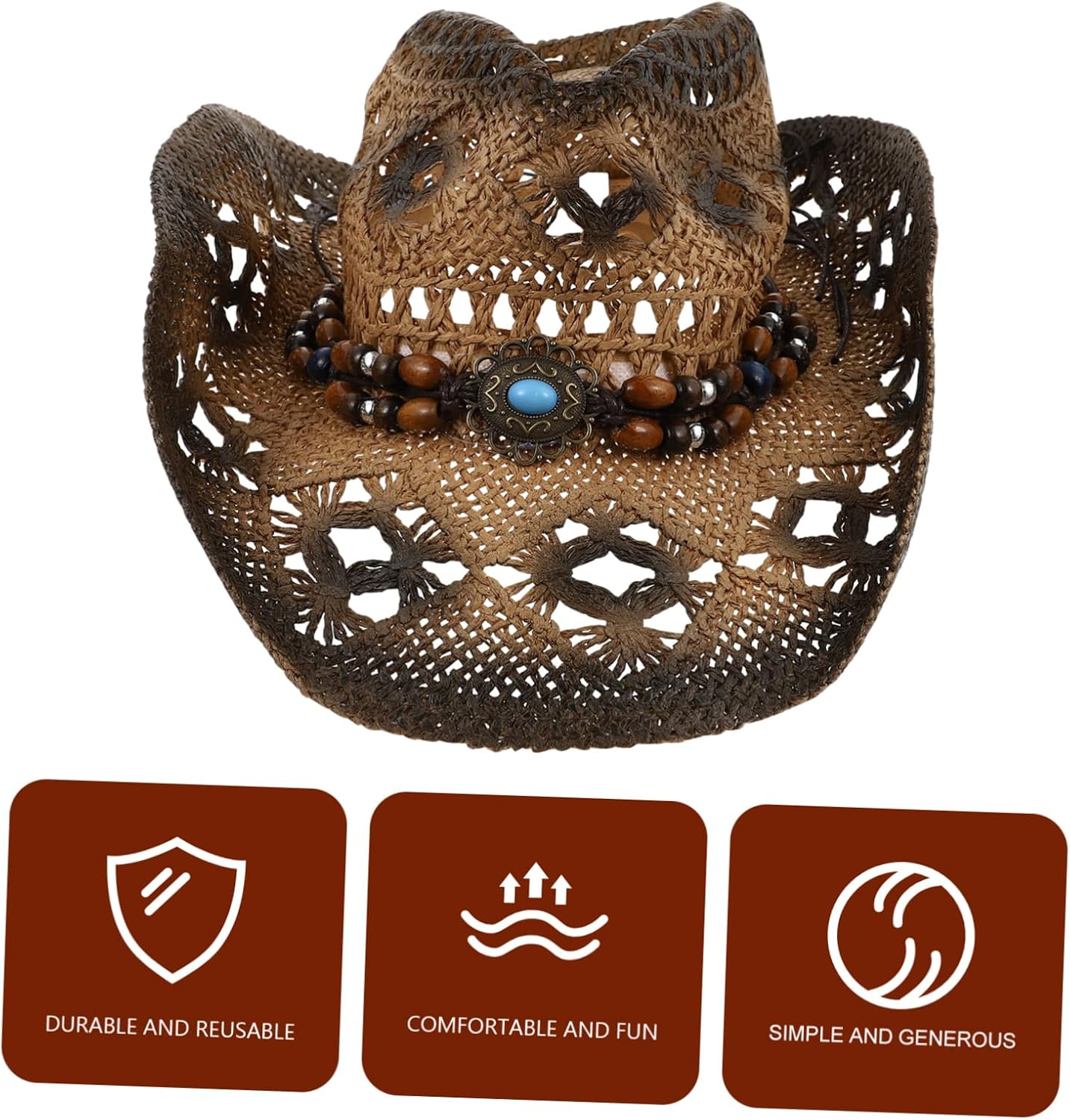 Men's Retro Straw Cowboy Sun Hat Coffee M 56-58cm Wide Brim