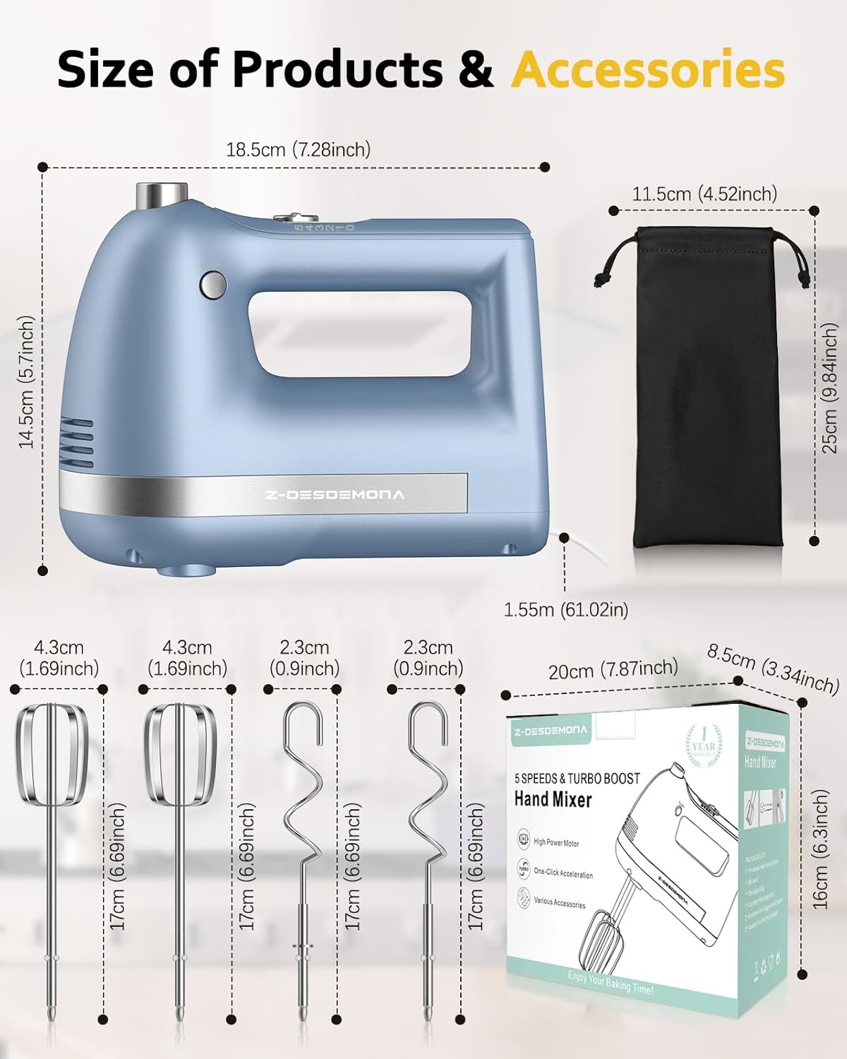 Electric Hand Mixer, Powerful 300W Hand Mixer Electric Handheld with 304 Beaters, Dough Hook, Hand Held Mixer with Turbo for Baking Cakes, Eggs, Cream Food(Blue)