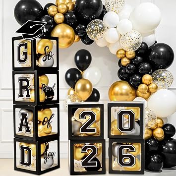 Graduation Decorations Class of 2026, Black Graduation Decorations, Balloons Boxes 4PCS with Letters 2026 GRAD So Proud of You, Congrats Grad Decorations for High School & College