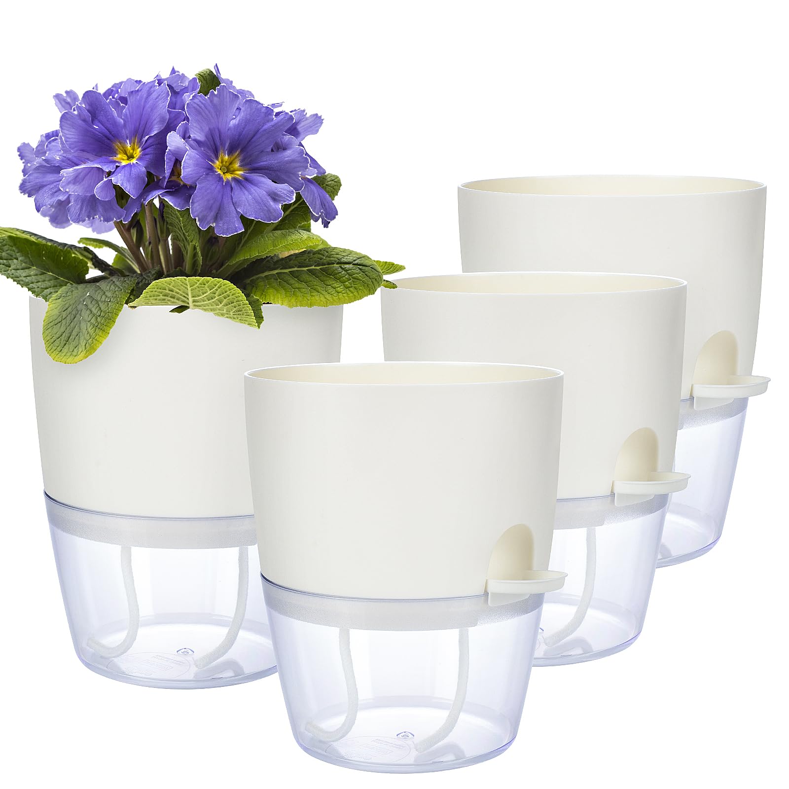 CEWOR 4 Pack 6 Inches Plastic Plant Pots, Self Watering Pots for Indoor Plants with Wick Rope, African Violet Pots with Drainage Holes and Saucers for Indoor Outdoor Flowers Plants, White