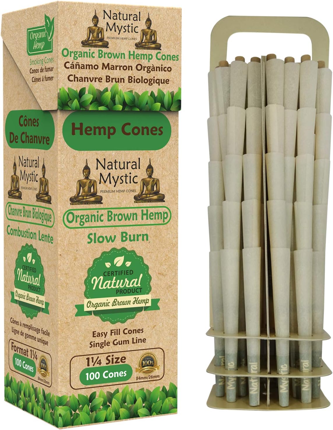 Pre Rolled Cones 1 1/4 Size – 100 Brown Classic Paper Tubes Natural Mystic Organic Rolling Papers With Tips Use Cone Loader Packing Sticks