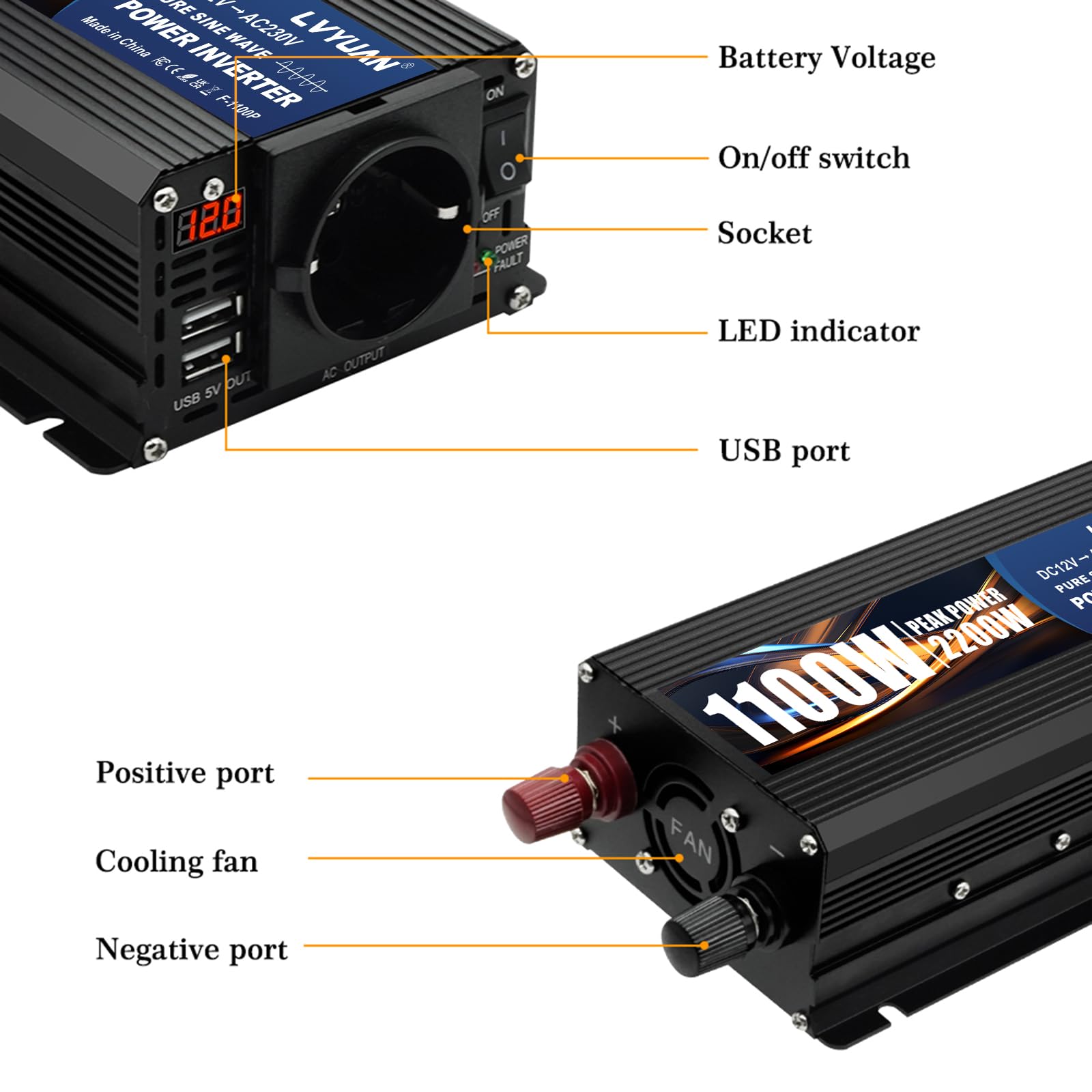LVYUAN Inversor 12V a 220V 230V 1100W/ 2200W Convertidor de tensión de Onda sinusoidal Pura Transformador con Pantalla LED, Enchufe UE y 2 Puertos USB