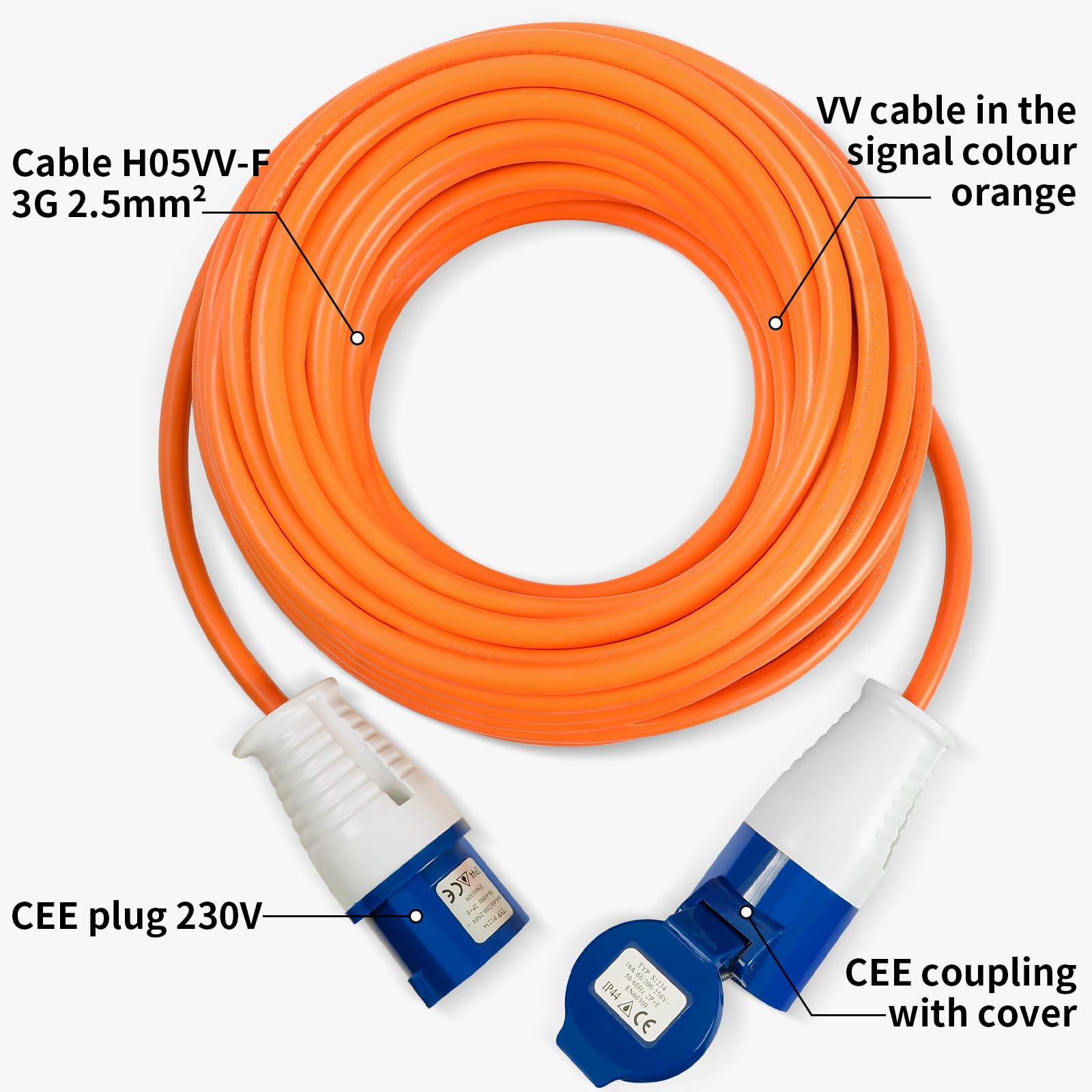 AOHEWEI Câble d'extension CEE de 10 m, câble d'extension électrique Robuste pour Caravane, câble d'alimentation Secteur Orange 16 A 240 V pour Camping-Car