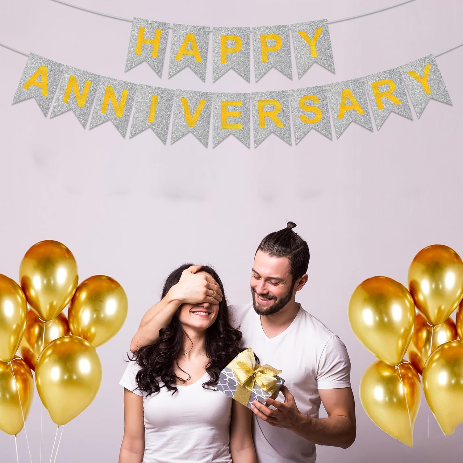 Rozi Decoration Happy Anniversary Glitter Banner | 1st 10th 25th & 50th Wedding Anniversary Decoration Items | Glitter- Silver (Pack of 1) 1