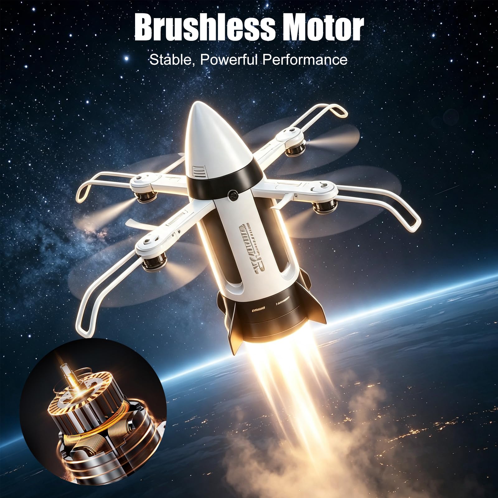Fernbedienung Rakete Stil Drohne Kinder Spielzeug, Remote Control Drone | Spray und LED Leuchten, Bürstenloser Motor, 2 Akku, Start/Landung mit Einem Klick, 2.4GHz RC Flugzeuge Drinnen Draußen