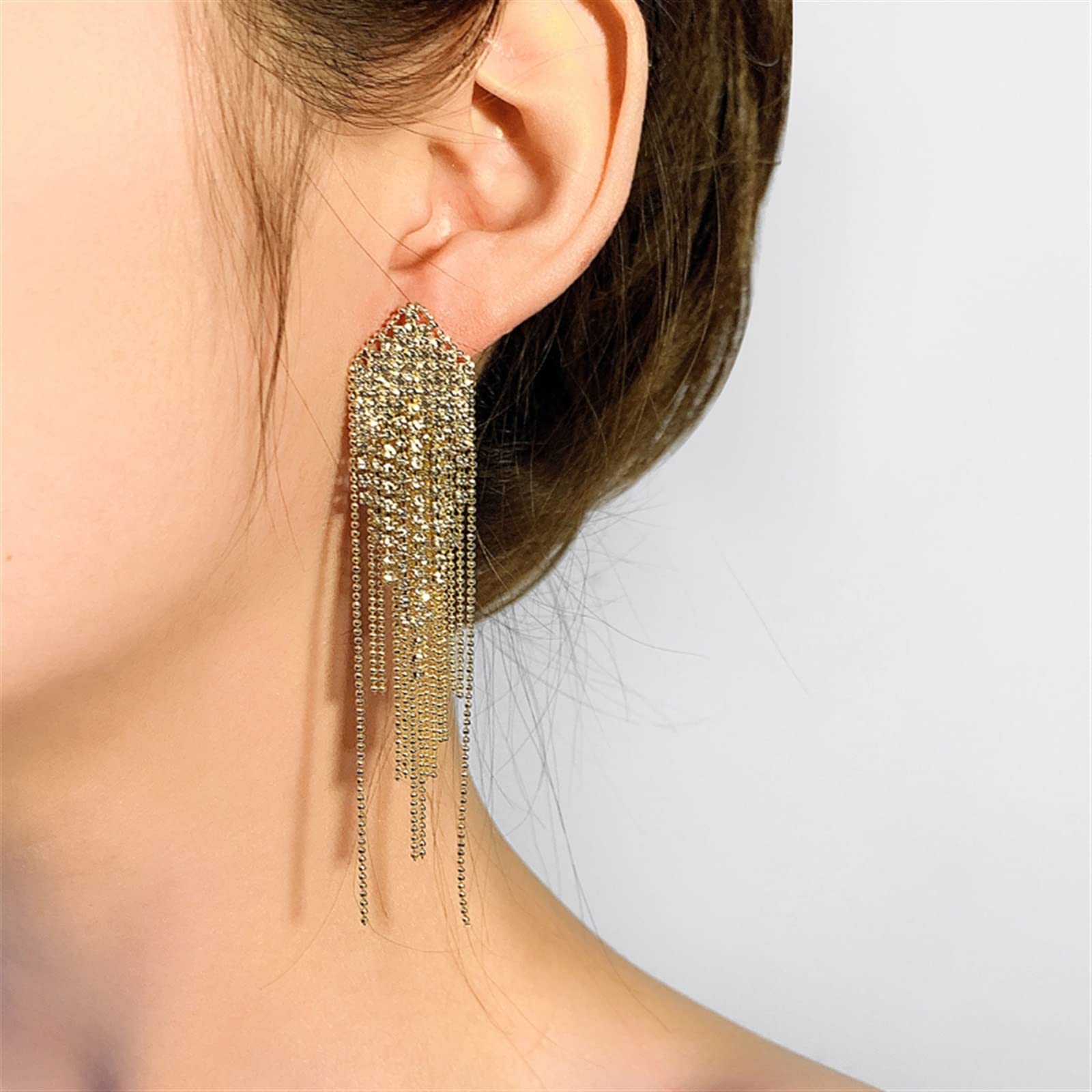 HJMMHX Damen Ohrringe Luxus Lange Quaste Tropfen Ohrringe Für Frauen Kristall Strass Hängende Baumeln Ohrringe Braut Hochzeit Schmuck Ohrringe