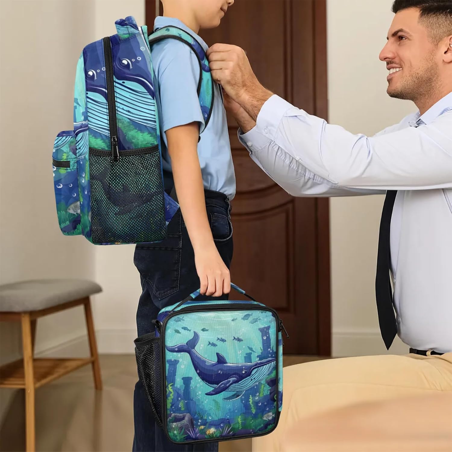 Ocean Cartoon Whale Backpack Set, Backpack with Lunch Box Gifts Set for Women Men, Multifunction 2Pcs Laptop Travel Picnic Camping Backpack with Lunch Bag