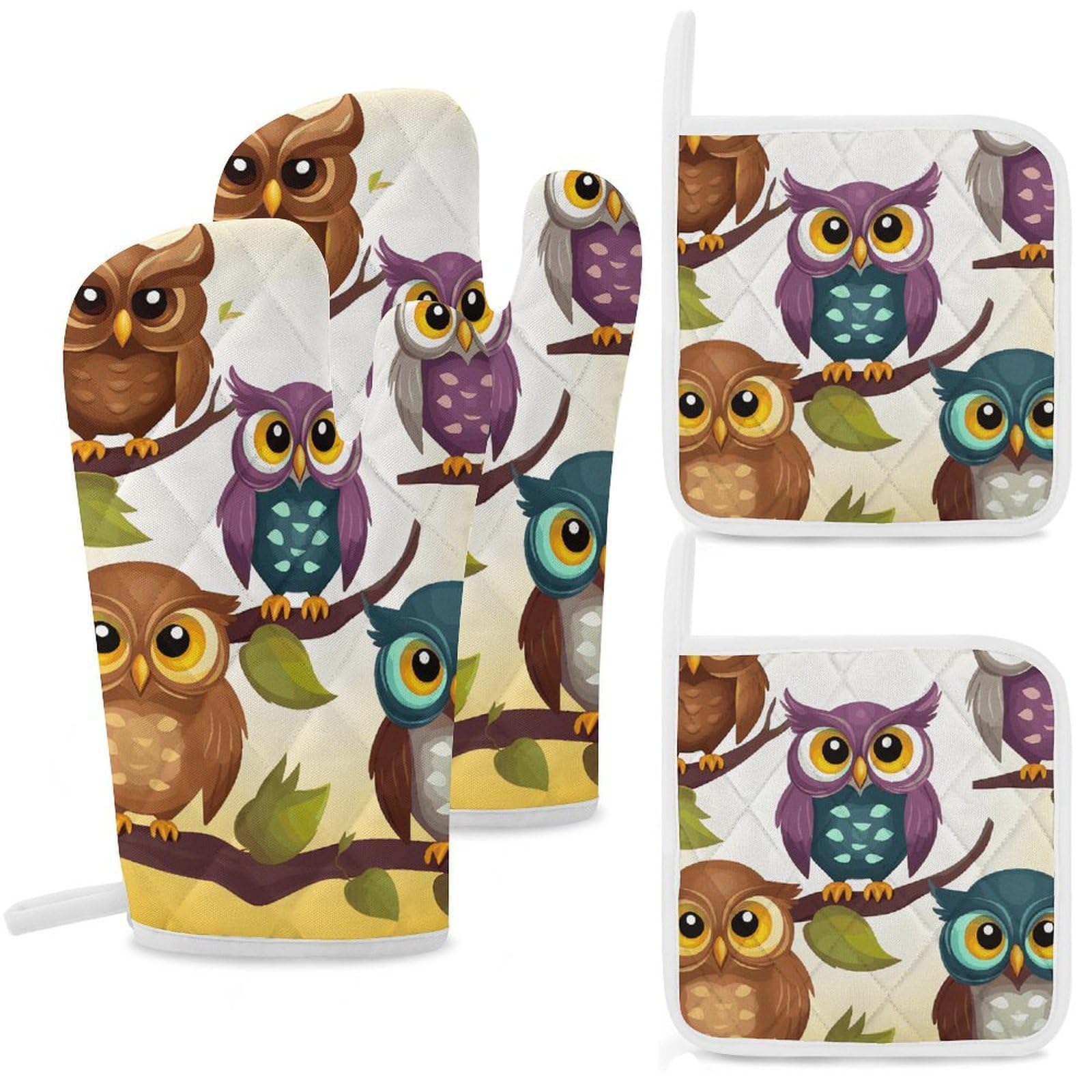 Owls Birds Oven Mitts and Pot Holders Sets Heat Resistant Oven Glove with Hanging Loop for Baking Cooking BBQ Thicken Potholders for Kitchen