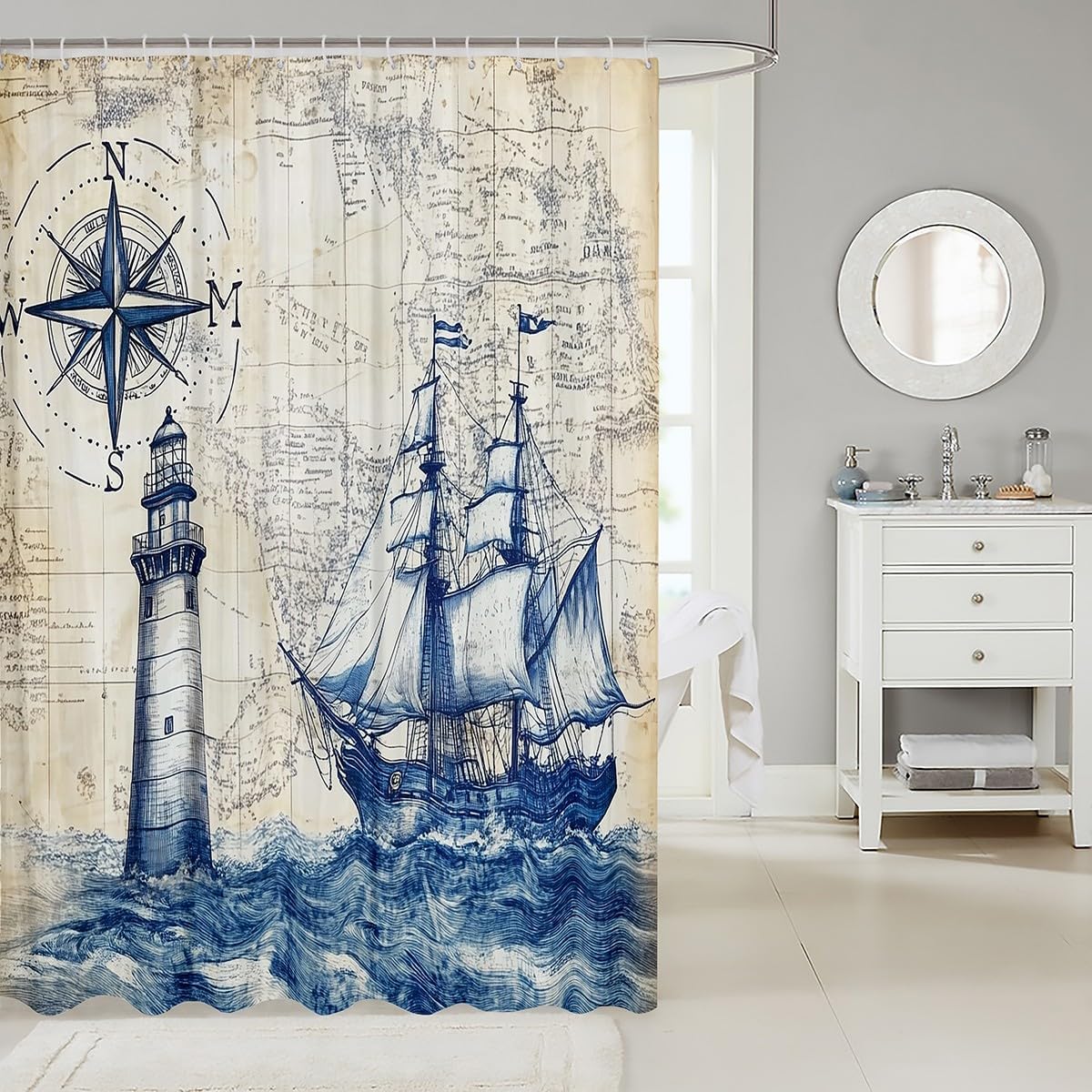 Feelyou Nautical Sailboat Bathroom Shower Curtain Set 78" L x 72" W Lighthouse Compass Anchor Shower Curtain for Boys Girls Vintage Retro Bath Curtain Kids Bathroom Accessories