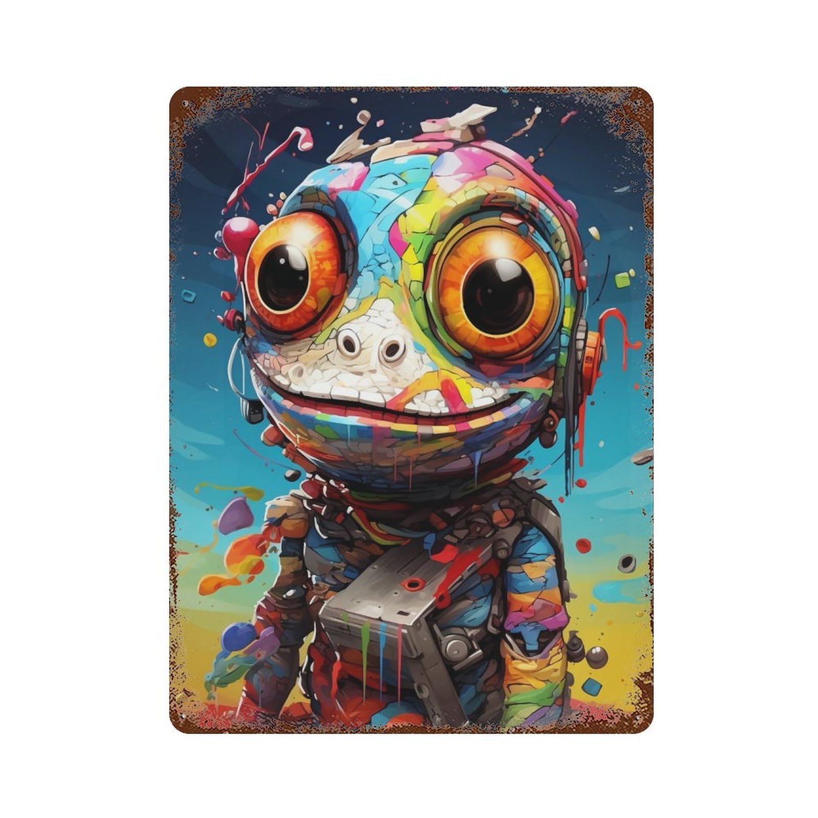 Colorful Robot Artwork 15.7"x11.8" Rusty Metal Tin Sign, Shabby Chic Decor for Bistro, Counter And Cafe Decor