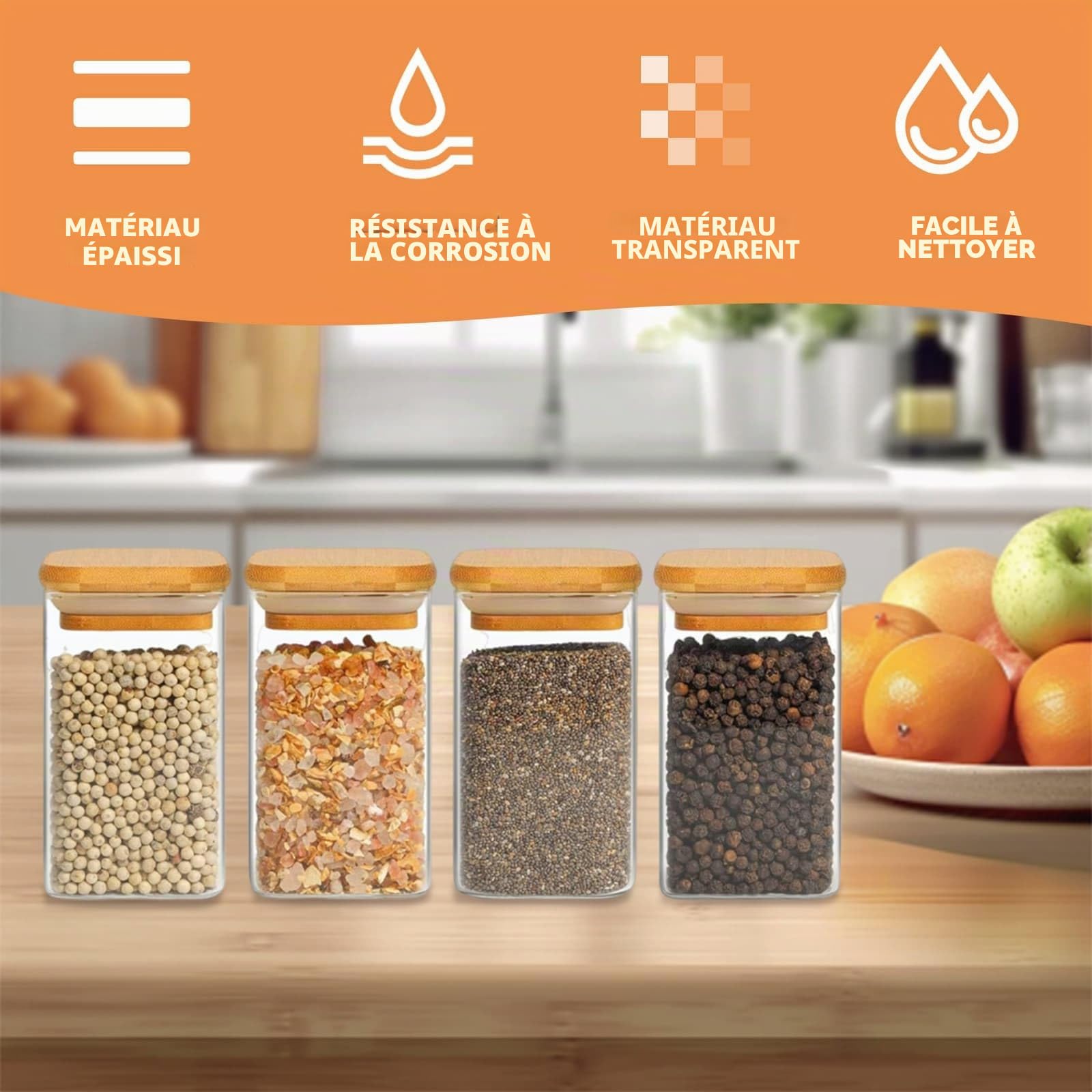 DYUEE Lot de 12 pots à épices en verre avec couvercles en bois, 250 ml - Bocaux de rangement carrés en verre avec étiquettes blanches et stylo - Récipient hermétique en verre pour épices, sel, sucre