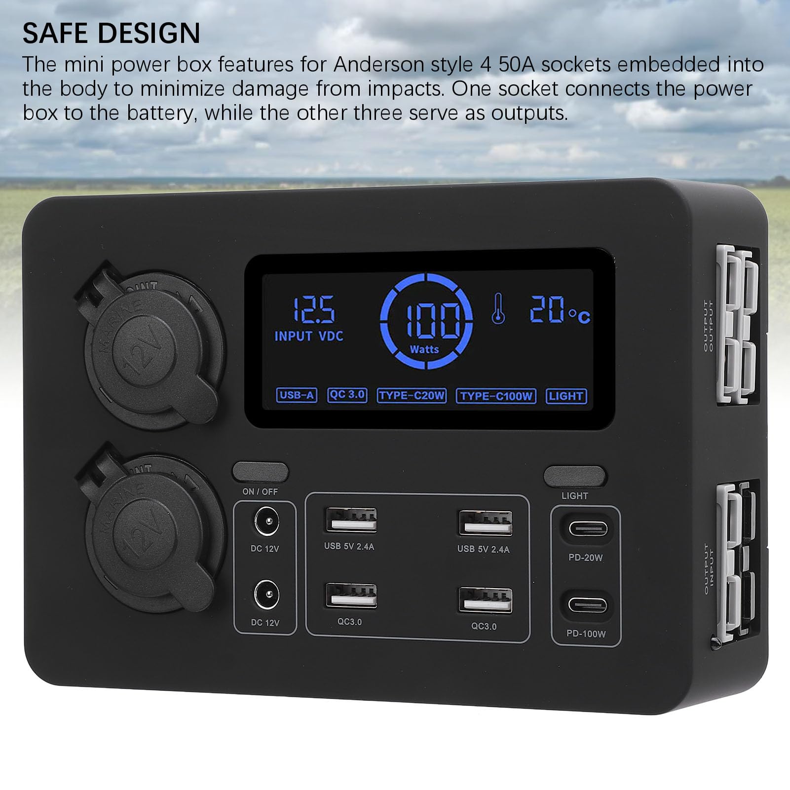 Cryfokt Mini Zasilacz 12 V z Wyświetlaczem LCD, Wielofunkcyjny System Dystrybucji Zasilania o Mocy 100 W z Portami USB C QC3.0, 4 Gniazda Anderson, Gniazda na Cygara do Kempingu W