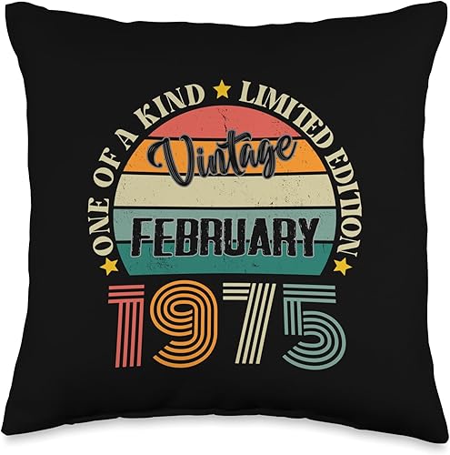 49 Year Old Vintage February 1975 49th Birthday Retro Throw Pillow, 16x16, Multicolor